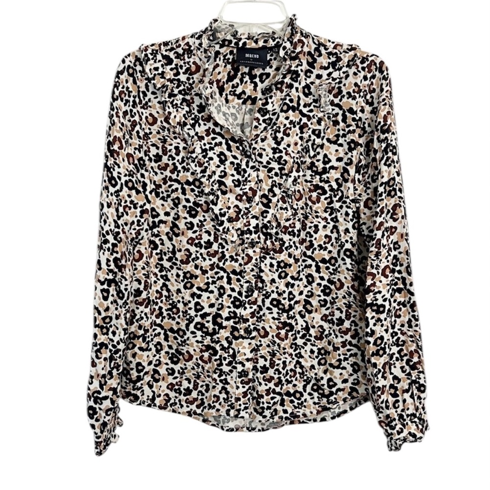 Maeve by Anthropologie Leopard Print Button Up Long Sleeve Blouse Ruffle Neck 6P